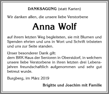 Traueranzeige von Anna Wolf von Allgäuer Anzeigeblatt