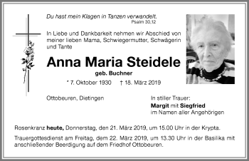 Traueranzeige von Anna Maria Steidele von Memminger Zeitung