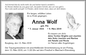Traueranzeige von Anna Wolf Pilz von Allgäuer Anzeigeblatt