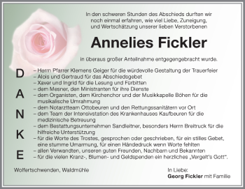 Traueranzeige von Annelies Fickler von Memminger Zeitung