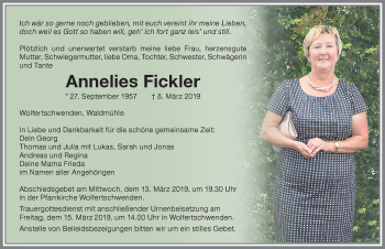 Traueranzeige von Annelies Fickler von Memminger Zeitung