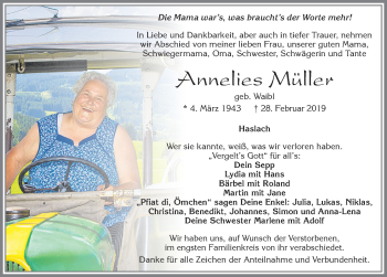 Traueranzeige von Annelies MCillek von Allgäuer Zeitung