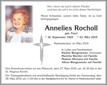 Traueranzeige von Annelies Rocholl von Allgäuer Zeitung, Marktoberdorf