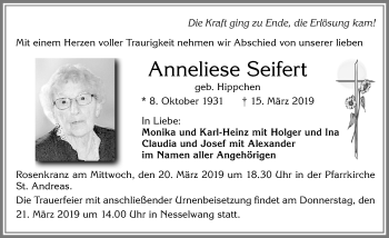 Traueranzeige von Anneliese Seifert von Allgäuer Zeitung