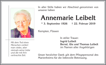 Traueranzeige von Annemarie Leibelt von Allgäuer Zeitung,Kempten