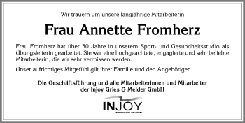Traueranzeige von Annette Fromherz von Allgäuer Zeitung,Kempten