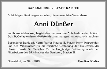 Traueranzeige von Anni Dünßer von Allgäuer Anzeigeblatt