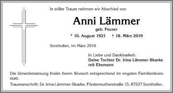 Traueranzeige von Anni Lämmer von Allgäuer Anzeigeblatt