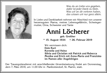 Traueranzeige von Anni Löcherer von Allgäuer Zeitung, Marktoberdorf