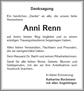 Traueranzeige von Anni Renn von Allgäuer Zeitung,Kempten