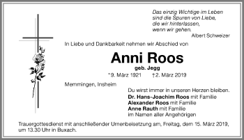 Traueranzeige von Anni Roos von Memminger Zeitung