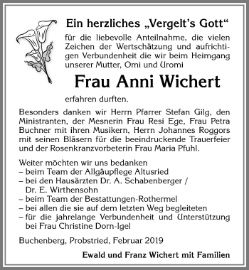 Traueranzeige von Anni Wichert von Allgäuer Zeitung,Kempten