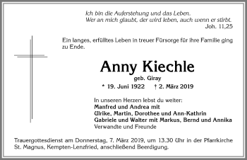 Traueranzeige von Anny Kiechle von Allgäuer Zeitung,Kempten