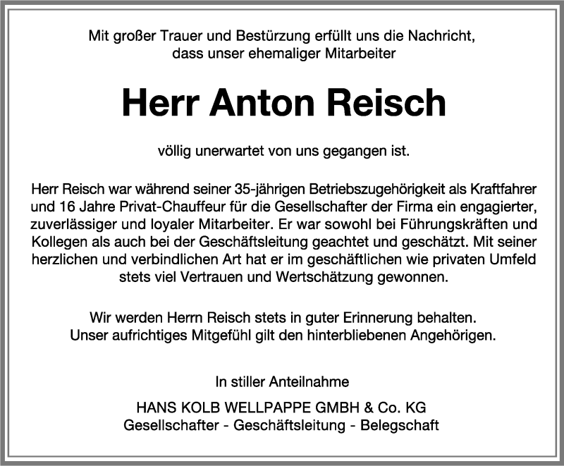  Traueranzeige für Anton Reisch vom 28.03.2019 aus Memminger Zeitung