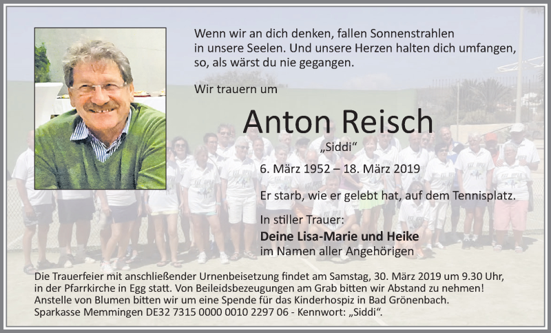  Traueranzeige für Anton Reisch vom 27.03.2019 aus Memminger Zeitung