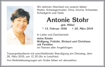 Traueranzeige von Antonie Stohr von Allgäuer Zeitung