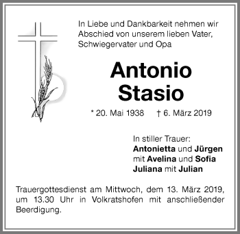 Traueranzeige von Antonio Stasio von Memminger Zeitung