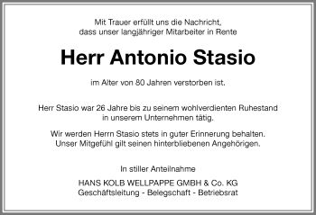 Traueranzeige von Antonio Stasio von Memminger Zeitung