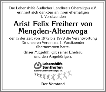 Traueranzeige von Arist Felix Freiherr von Mengden-Altenwoga von Allgäuer Anzeigeblatt
