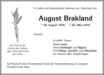 Traueranzeige von August Brakland von Allgäuer Zeitung,Kempten