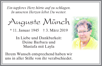 Traueranzeige von Auguste Münch von Allgäuer Zeitung, Füssen