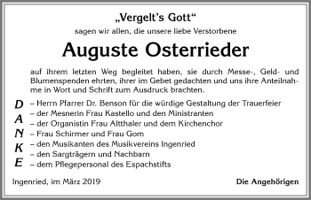 Traueranzeige von Auguste Osterrieder von Allgäuer Zeitung, Kaufbeuren/Buchloe