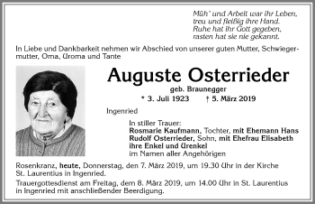Traueranzeige von Auguste Osterrieder von Allgäuer Zeitung, Kaufbeuren/Buchloe
