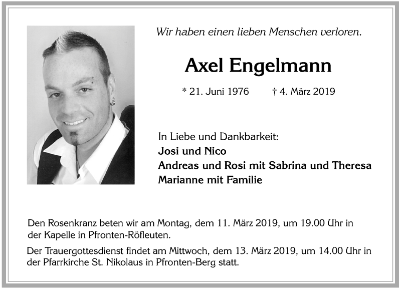  Traueranzeige für Axel Engelmann vom 09.03.2019 aus Allgäuer Zeitung, Füssen