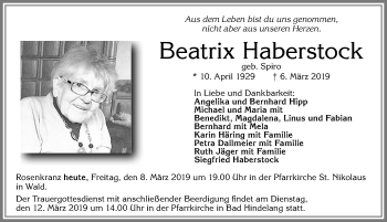 Traueranzeige von Beatrix Haberstock von Allgäuer Zeitung, Marktoberdorf
