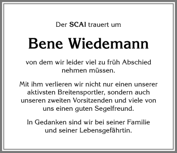 Traueranzeige von Bene Wiedemann von Allgäuer Anzeigeblatt