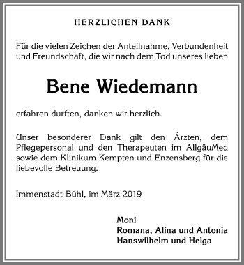 Traueranzeige von Bene Wiedemann von Allgäuer Anzeigeblatt
