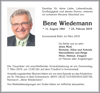 Traueranzeige von Bene Wiedemann von Allgäuer Anzeigeblatt
