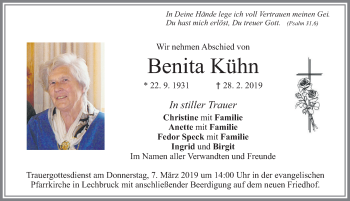Traueranzeige von Benita Kühn von Allgäuer Zeitung, Füssen