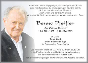 Traueranzeige von Benno Pfeiffer von Allgäuer Zeitung, Füssen
