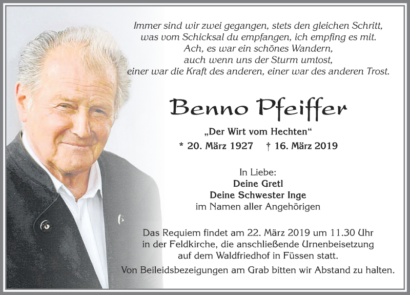  Traueranzeige für Benno Pfeiffer vom 20.03.2019 aus Allgäuer Zeitung, Füssen