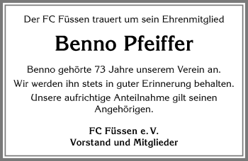 Traueranzeige von Benno Pfeiffer von Allgäuer Zeitung, Füssen