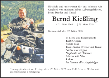 Traueranzeige von Bernd Kießling von Der Westallgäuer