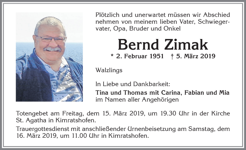  Traueranzeige für Bernd Zimak vom 14.03.2019 aus Allgäuer Zeitung,Kempten