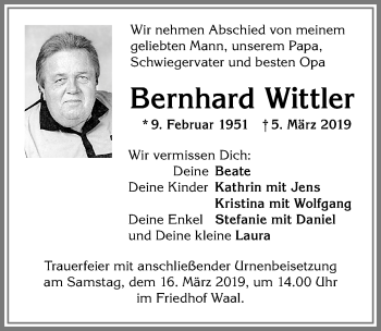 Traueranzeige von Bernhard Wittler von Allgäuer Zeitung, Kaufbeuren/Buchloe