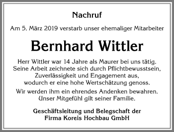 Traueranzeige von Bernhard Wittler von Allgäuer Zeitung, Kaufbeuren/Buchloe