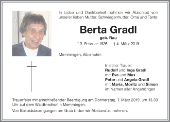 Traueranzeige von Berta Gradl von Memminger Zeitung