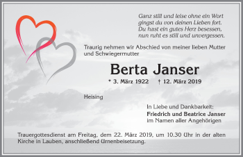 Traueranzeige von Berta Janser von Allgäuer Zeitung,Kempten