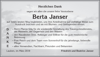 Traueranzeige von Berta Janser von Allgäuer Zeitung,Kempten