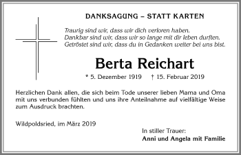 Traueranzeige von Berta Reichart von Allgäuer Zeitung,Kempten