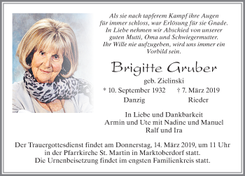 Traueranzeige von Brigitte Gruber von Allgäuer Zeitung