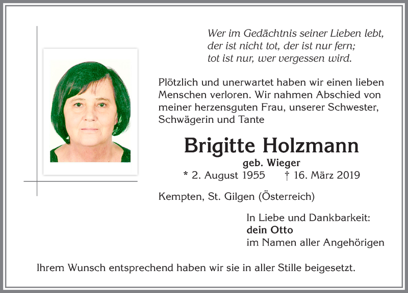  Traueranzeige für Brigitte Holzmann vom 23.03.2019 aus Allgäuer Zeitung,Kempten