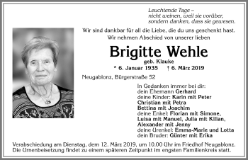 Traueranzeige von Brigitte Wehle von Allgäuer Zeitung, Kaufbeuren/Buchloe