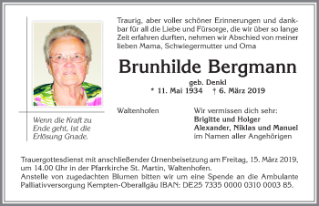 Traueranzeige von Brunhilde Bergmann von Allgäuer Zeitung,Kempten