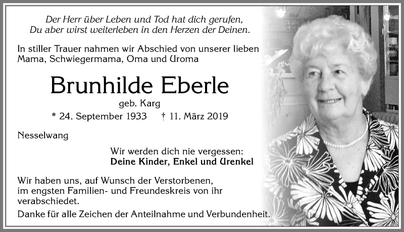  Traueranzeige für Brunhilde Eberle vom 16.03.2019 aus Allgäuer Zeitung, Füssen