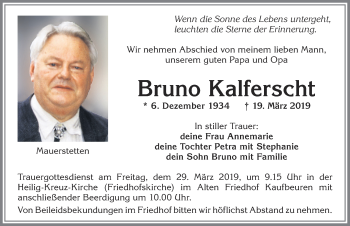 Traueranzeige von Bruno Kalferscht von Allgäuer Zeitung, Kaufbeuren/Buchloe